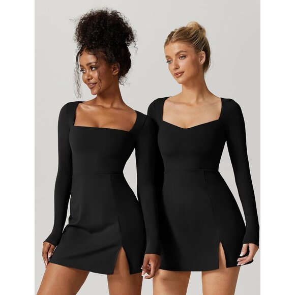 Women's Square Neck Bodice Dress Long Sleeve Side Slit Flare Mini - Picture 6 of 6